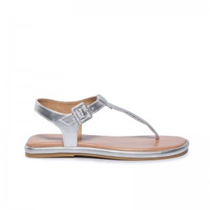 Silver Bernardo Tucson T-Strap Women Flat Sandals | QBC6783OX